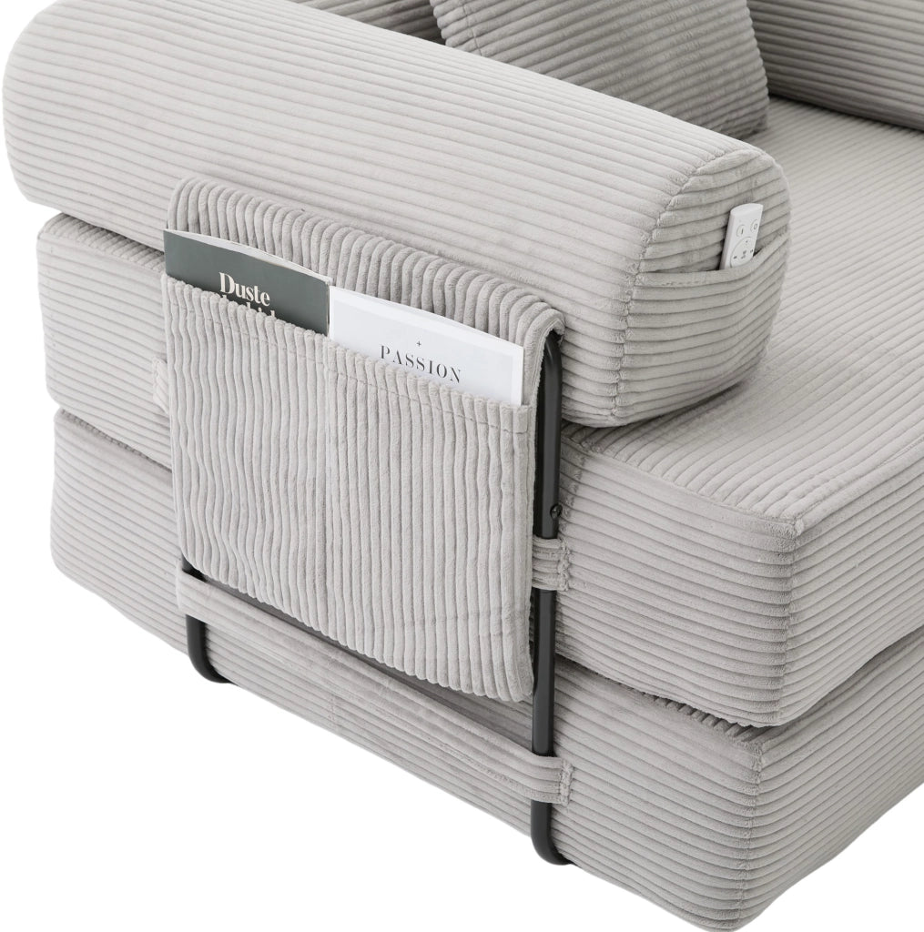 Divano modulare in tessuto a coste grigio chiaro 200x94x67 cm con pouf