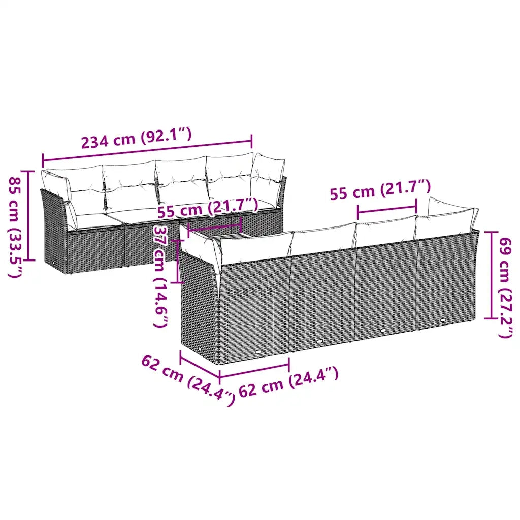 Set Divani da Giardino 9 pz con Cuscini Grigio in Polyrattan 3255858
