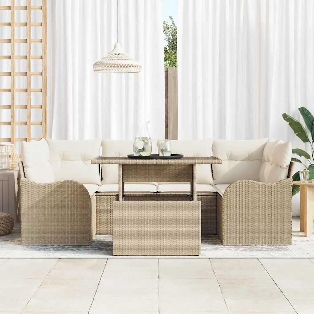 Set Divano da Giardino con cuscino 7 pcs Beige Poly Rattan