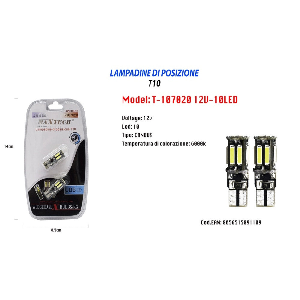 Trade Shop - Lampadine Di Posizione Maxtech T-107020 12v / 10led Canbus 6000k Ultra Luminose -