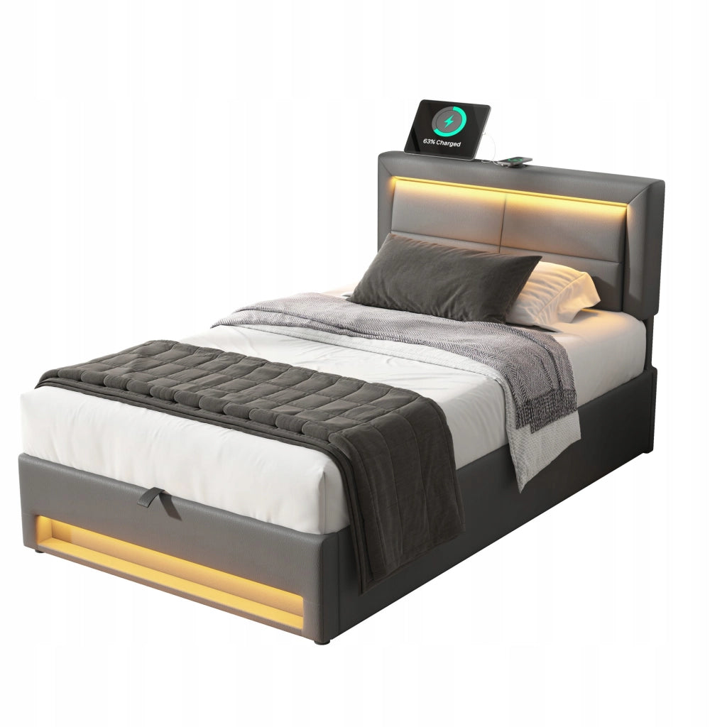 Letto imbottito 90x200 - Xylo - Grigio, USB, LED, con ripostiglio