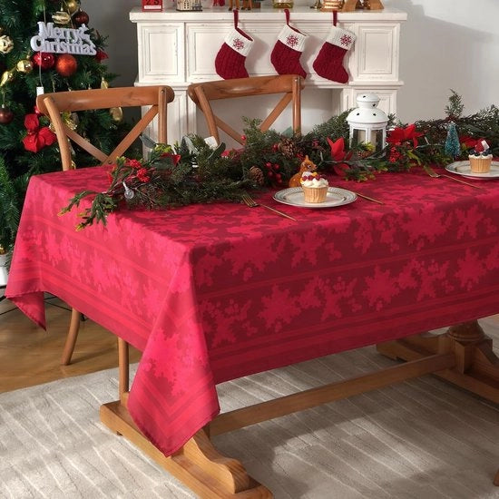 Tavolo di Natale a Telaio Poinsettia, Tavoli di Natale, Telaio Quadrato, Foglie di Pino, Telaio di Tavolo Infrangibile, Tavolo di Natale Poinsettia per Feste, 130 x 220