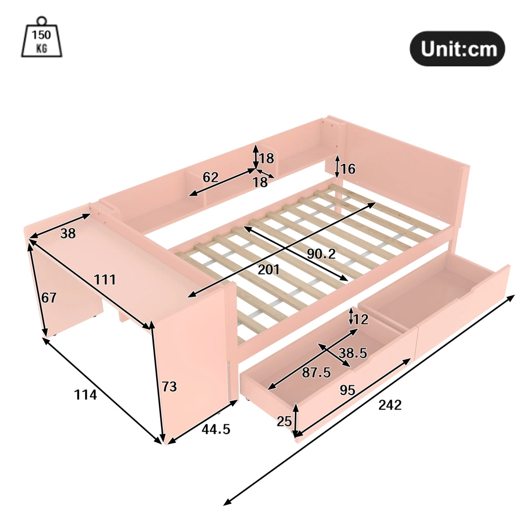 Letto Singolo con Scrivania e Cassetti ¨C MINIMAL ¨C Pino, Rosa, 90x200