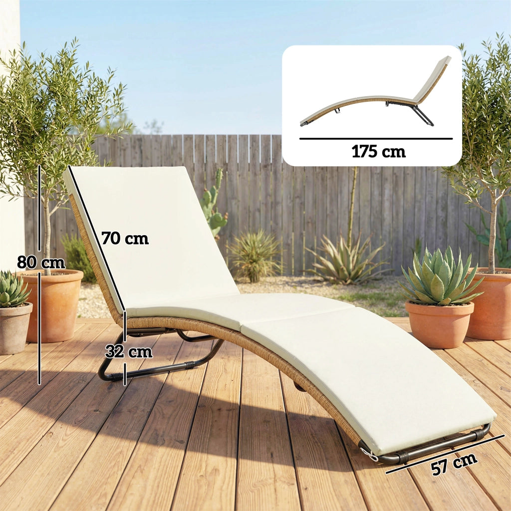 Lettino da giardino ¨C zephmum ¨C Resina intrecciata, struttura in acciaio, cuscino crema