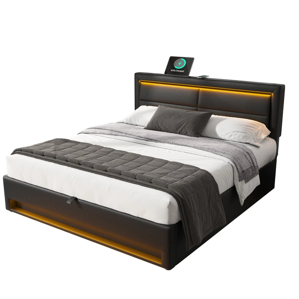 Letto Imbottito con LED e Contenitore ¨C MINIMAL ¨C Nero, 140x190, USB