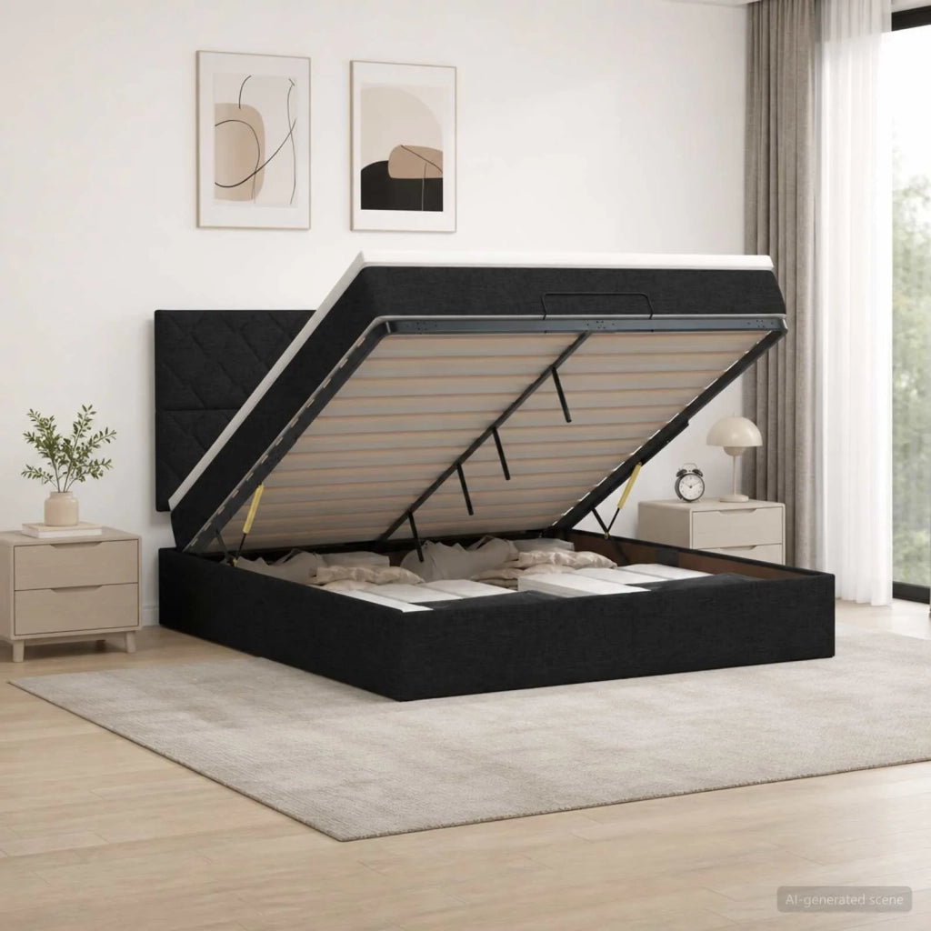 Letto Ottomano con Materasso e LED Nero 140 x 190 cm Tessuto 3458154
