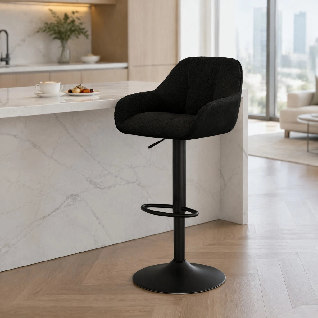 Sgabello da Bar Set di 2 Girevole con Altezza Regolabile e Schienale, in Ciniglia e Velluto a Coste, Nero