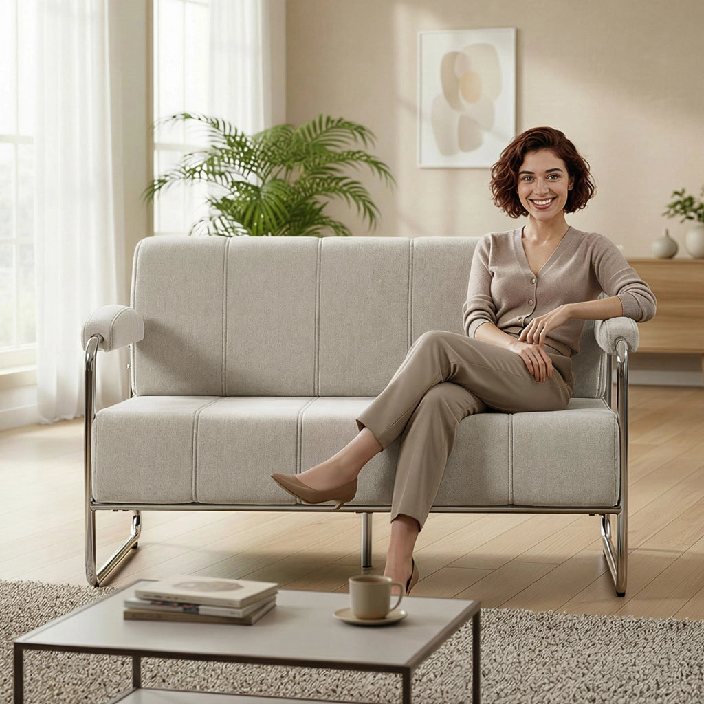 Divano 2 Posti Moderno Tessuto Beige ¨C Minimal ¨C 120x73x76 cm