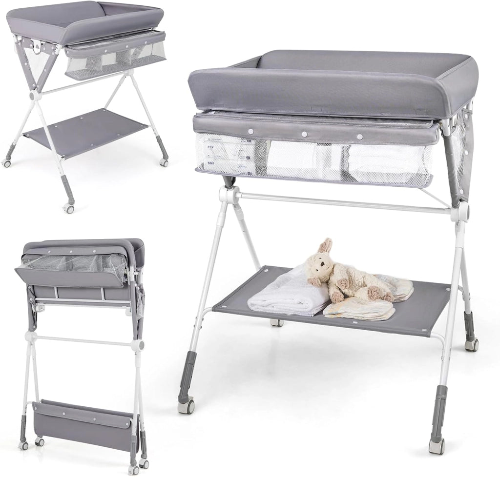 Fasciatoio Pieghevole per Bambini, Fasciatoio Portatile con Altezza Regolabile a 3 Livelli, Fasciatoio Neonato con Ruote di Bloccabili, Ripiano, Porta Asciugamani, per 0-12 Mesi (Nero)