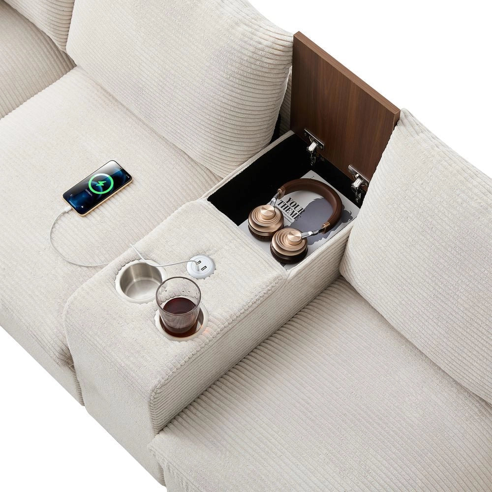 Divano angolare a L - Xylo - Velluto, console con USB, ripostiglio, beige