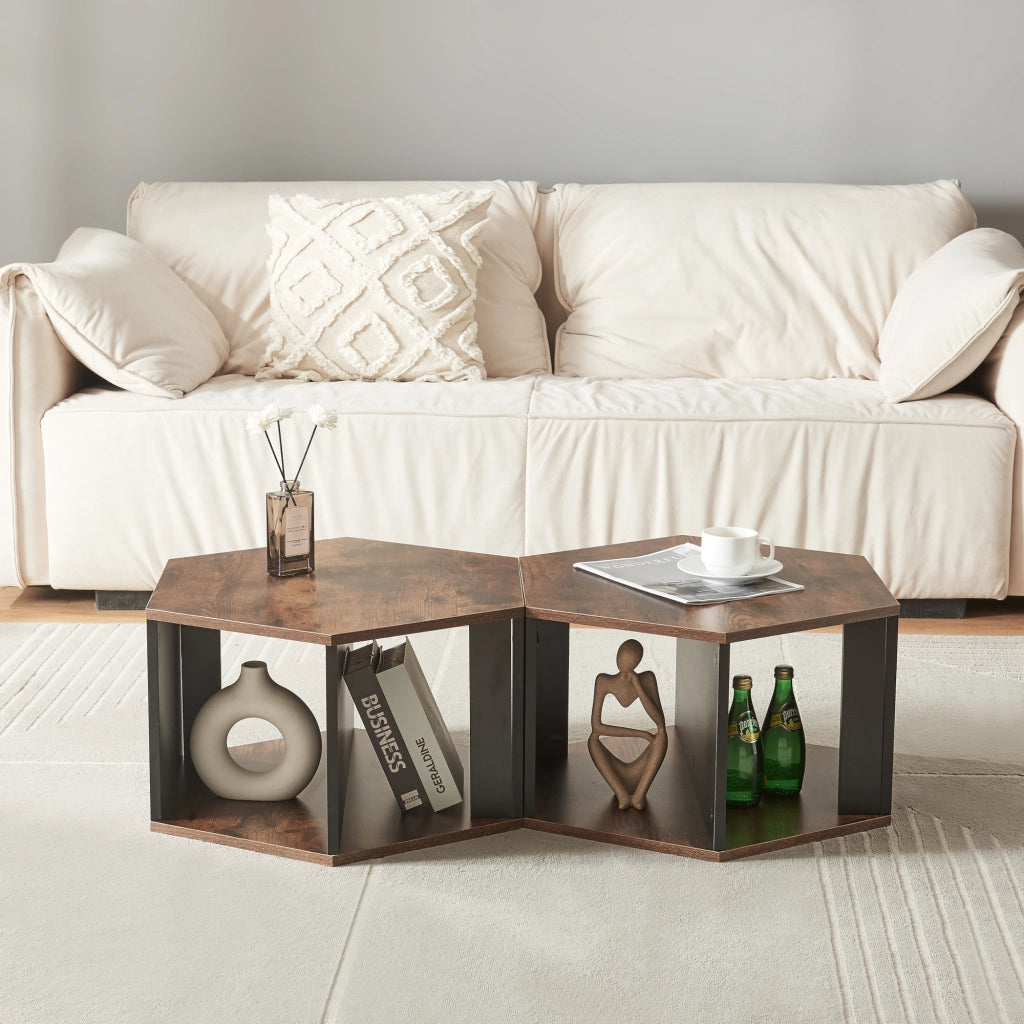 Set di 2 Tavolini Molde Design Esagonale - Effetto Noce / Nero [en.casa]