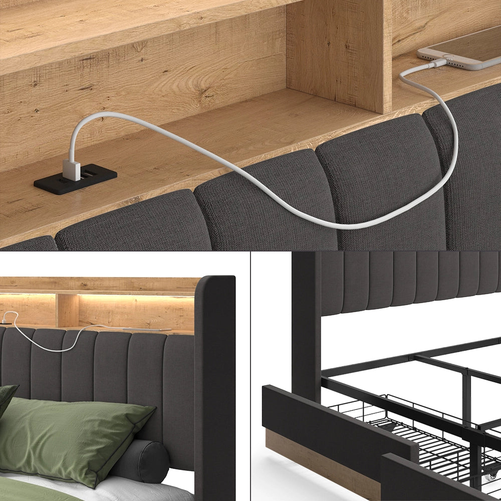 Vitalispa Letto imbottito Antracite 180x200 cm con 4 cassetti