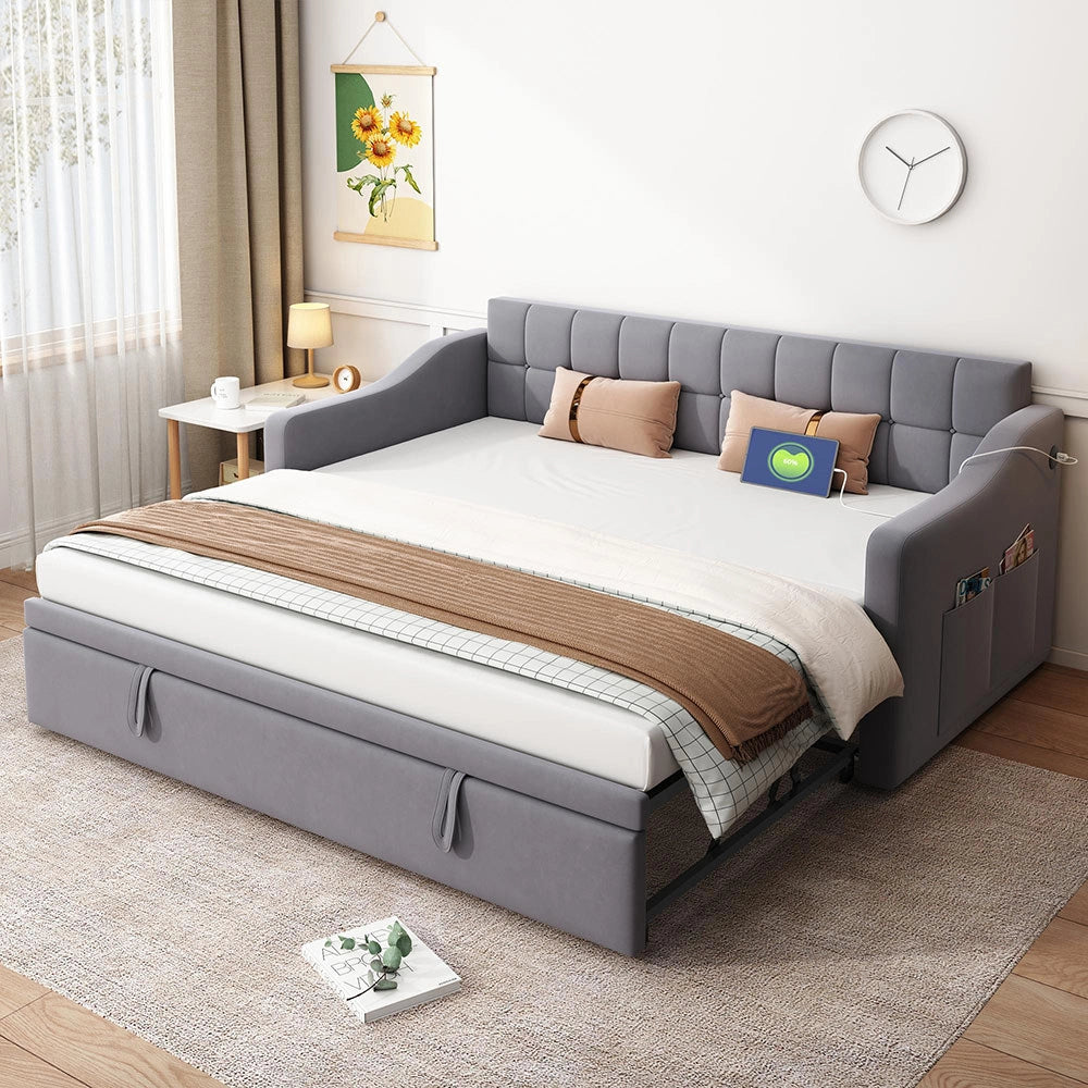 Divano 2 in 1 - Xylo - 90/180 cm velluto grigio USB