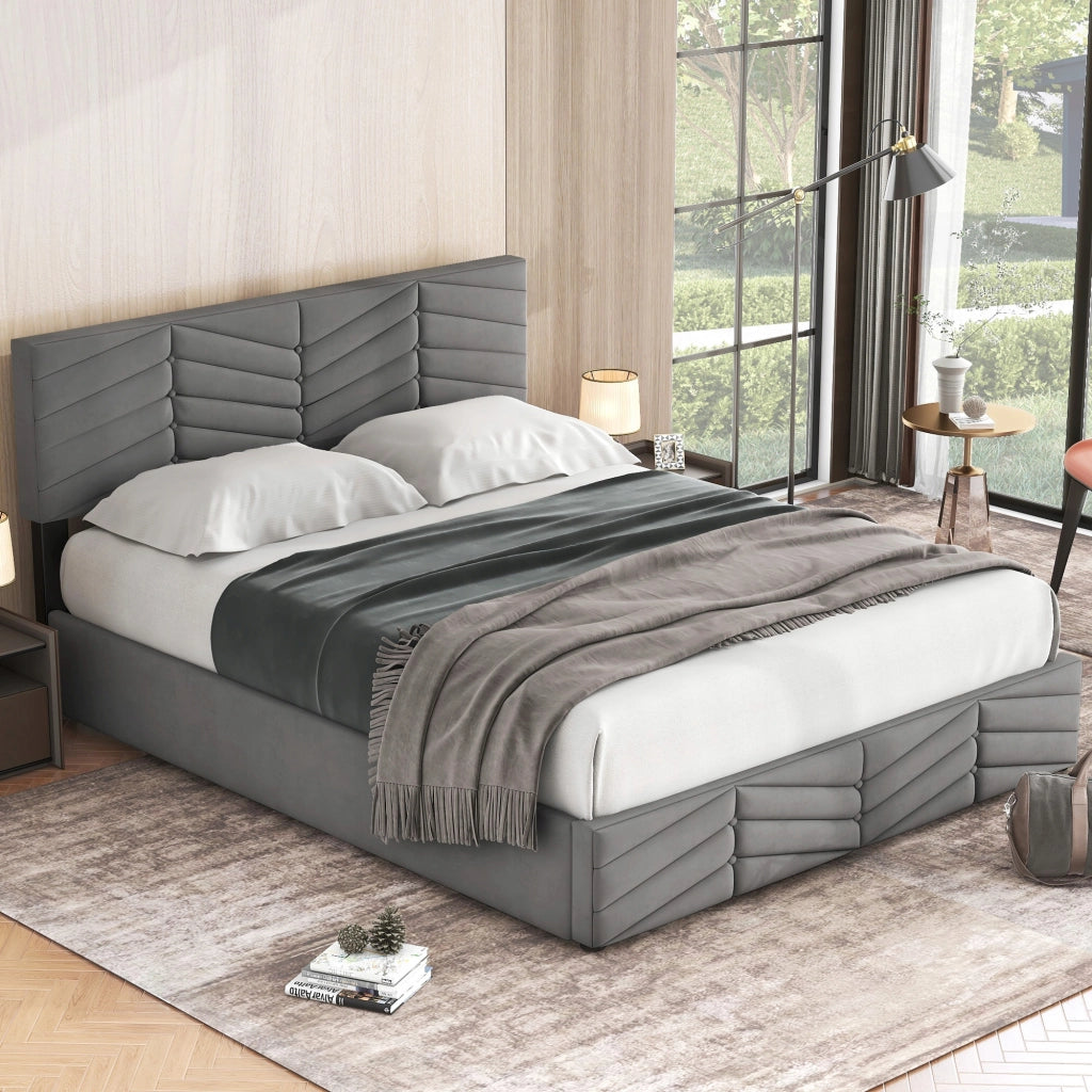 Letto imbottito 140x200 - Xylo - Grigio, velluto, meccanismo idraulico