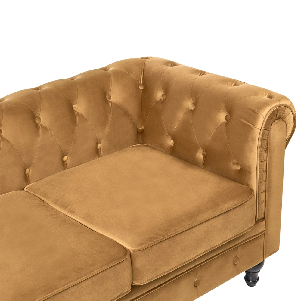 Set da soggiorno Chesterfield con rivestimento in velluto oro con gambe nere divano a 3 posti + poltrona