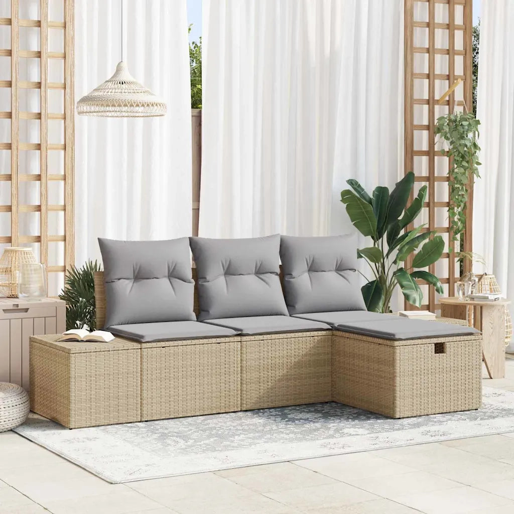 Set Divano da Giardino con cuscino 4 pcs Beige Poly Rattan