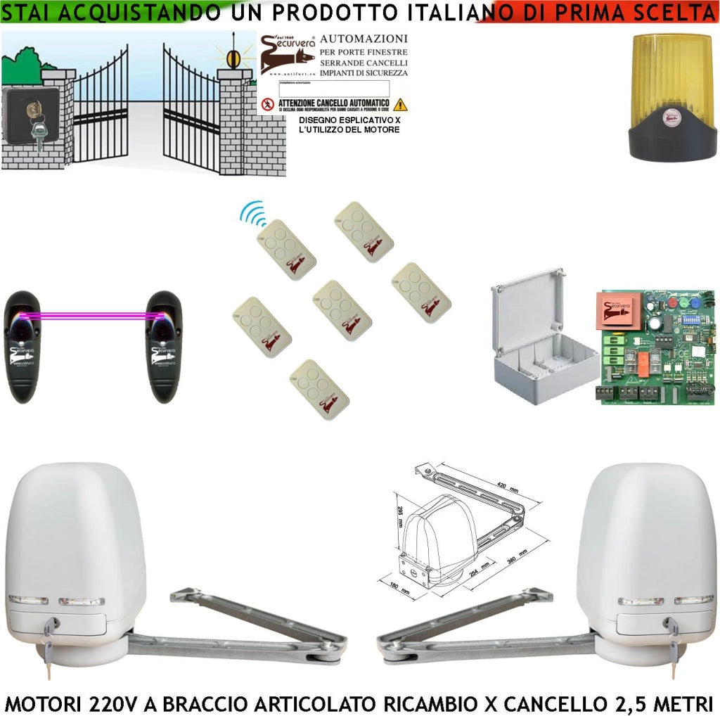 Automazione 2 Motori Braccio Articolato 220 V 250 NM Cancello Elettrico 5 Metri 2 Ante da 0,5 a 2,5 Metri Centrale CBR 6 Radiocomandi Fotocellule Selettore