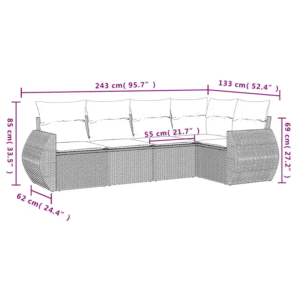 Set Divano da Giardino 5pz | Set Salotto da Giardino con Cuscini Grigio Chiaro Polyrattan