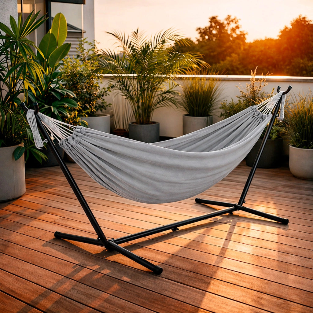 Amaca Da Giardino Con Supporto In Acciaio Portata 200 Kg Altezza Regolabile Telo Cotone Resistente Amaca Brasiliana Esterno Terrazzo Piscina Balcone Con Borsa 265 x 110 x 100 Cm Grigio