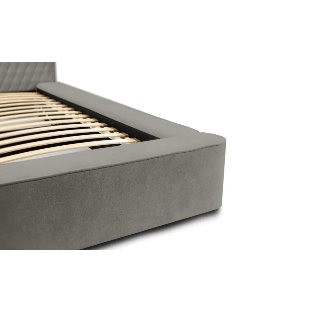 Letto contenitore VERNON – Tessuto ciniglia bouclé cenere taupe – 180x200 cm – Rete sollevabile – Design di alta gamma