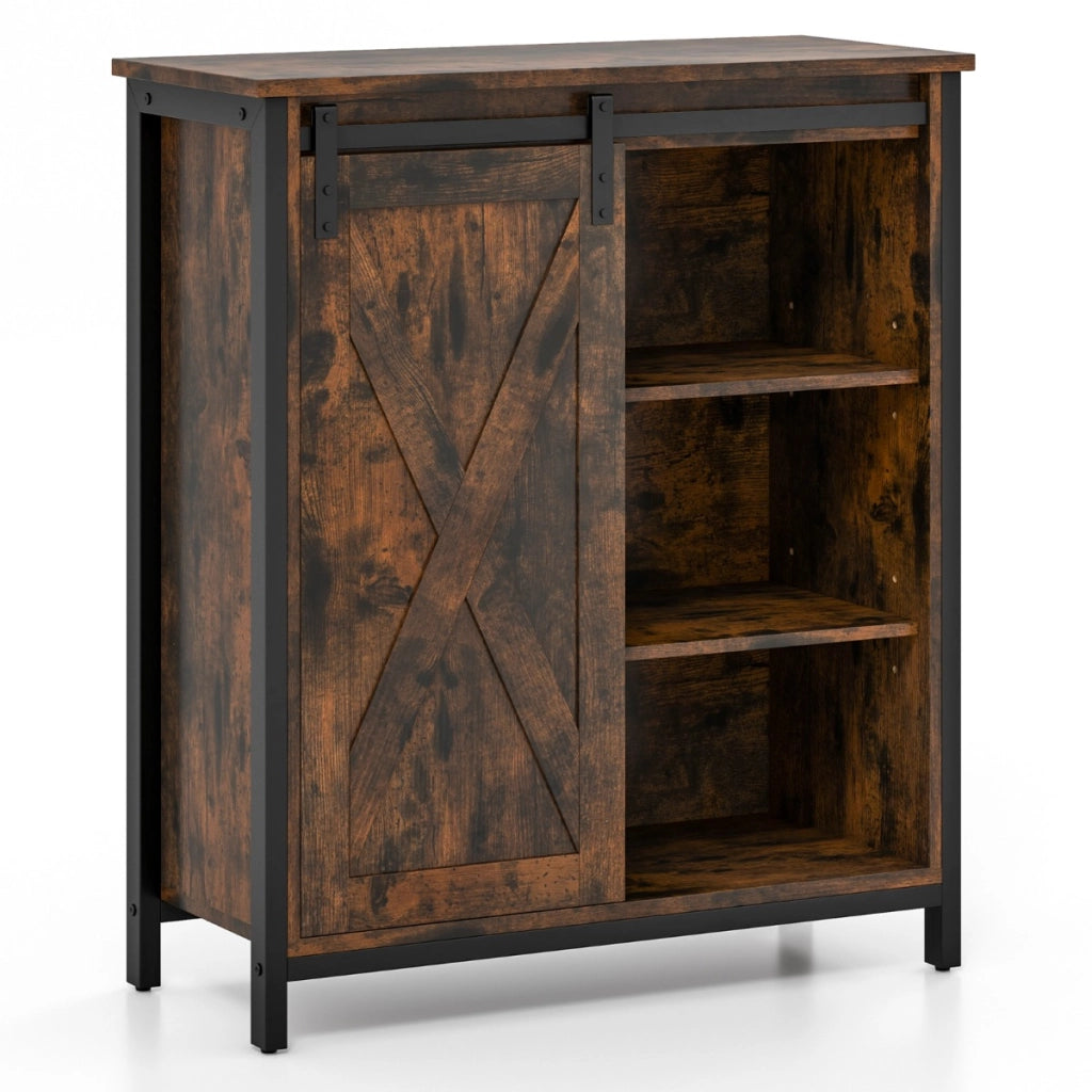Mobile contenitore in stile rustico con anta scorrevole e ripiani regolabili-Credenza multiuso per cucina Marrone