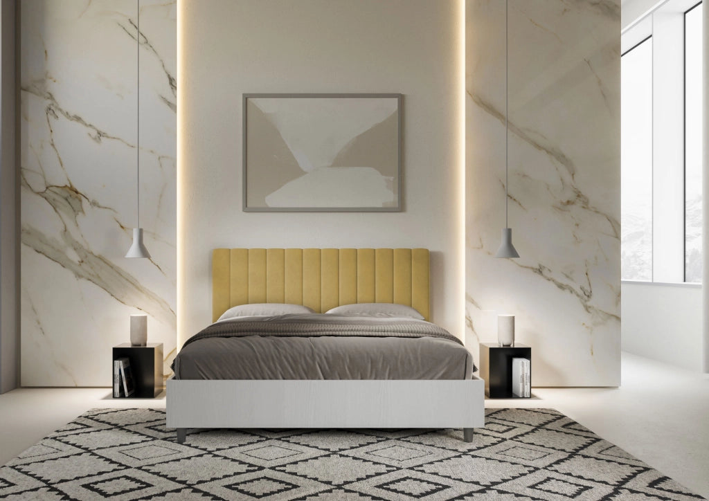 BS COM Letto matrimoniale con rete 160x200 bianco frassino testata microfibra ocra