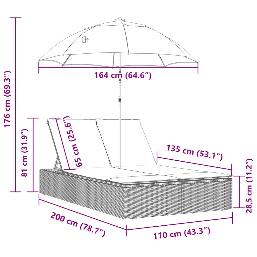 Lettino Prendisole Doppio Cuscini e Parasole Nero in Polyrattan 368089