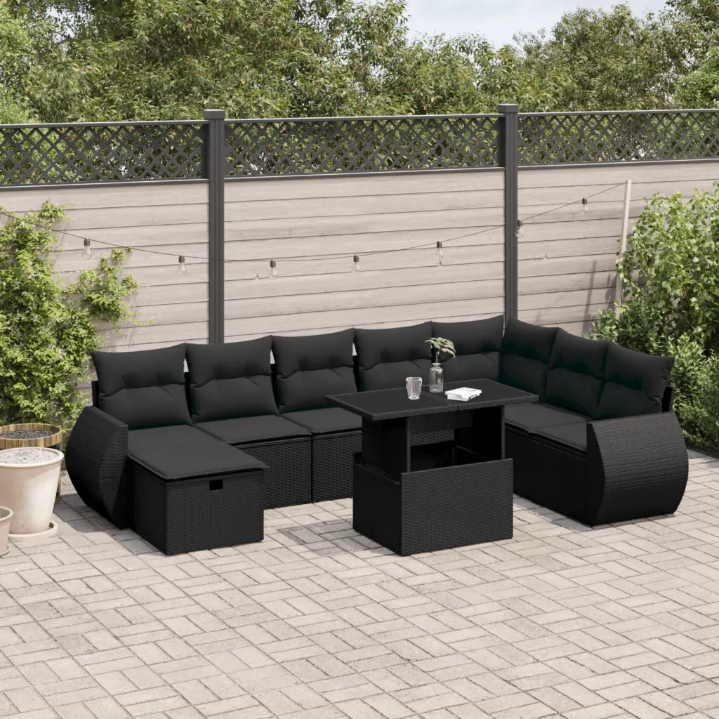 Set Divani da Giardino 9 pz con Cuscini Nero in Polyrattan
