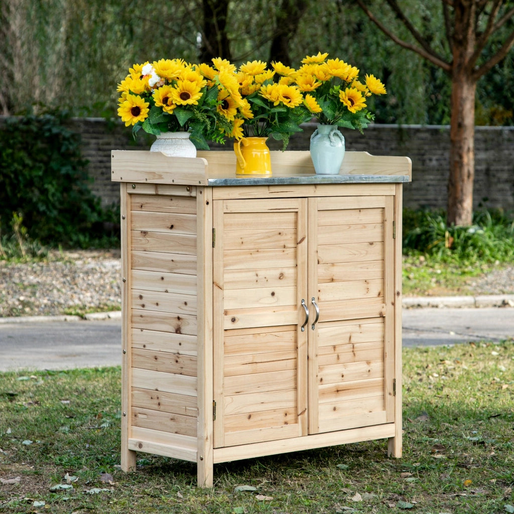 Mobile da giardino con 2 scomparti e piano di lavoro in metallo ¨C Xylo ¨C legno naturale 83x40x92 cm