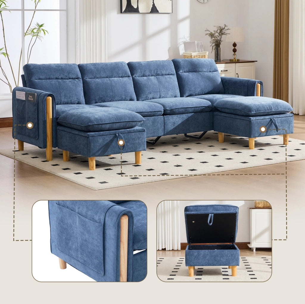 Divano modulare a U per 4 posti con 2 pouf contenitore; in chenille blu; 261 cm