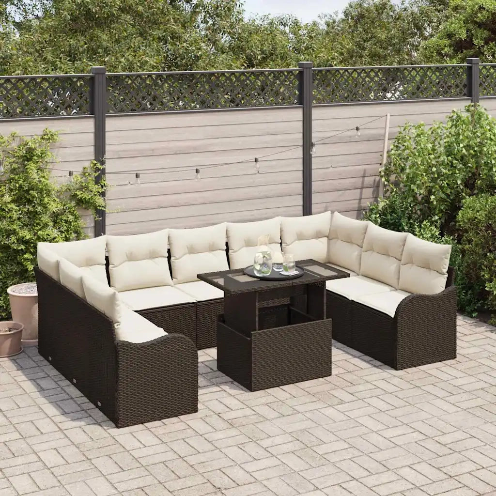 Set Divano da Giardino con cuscino 10 pcs Marrone Poly Rattan