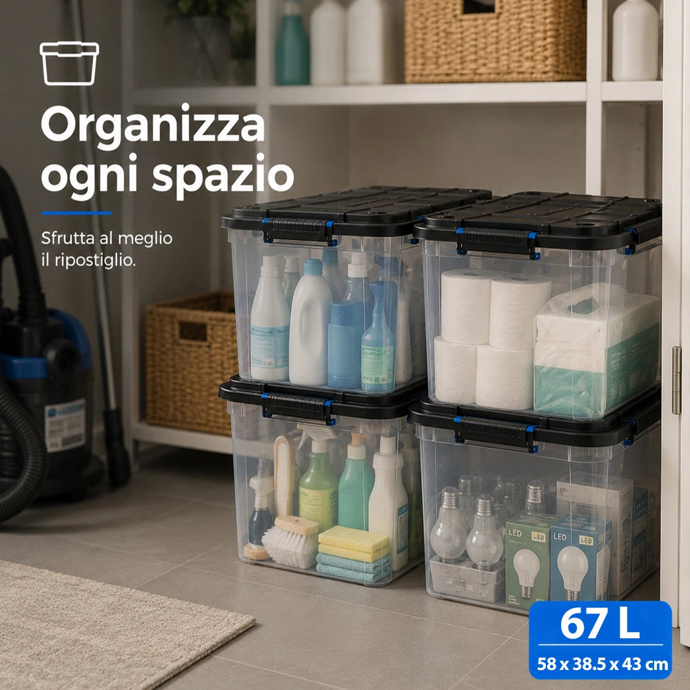 Set 4 Pezzi Contenitori con Coperchio Storage Box Solid Cargo 67L 58x38.5x43 cm