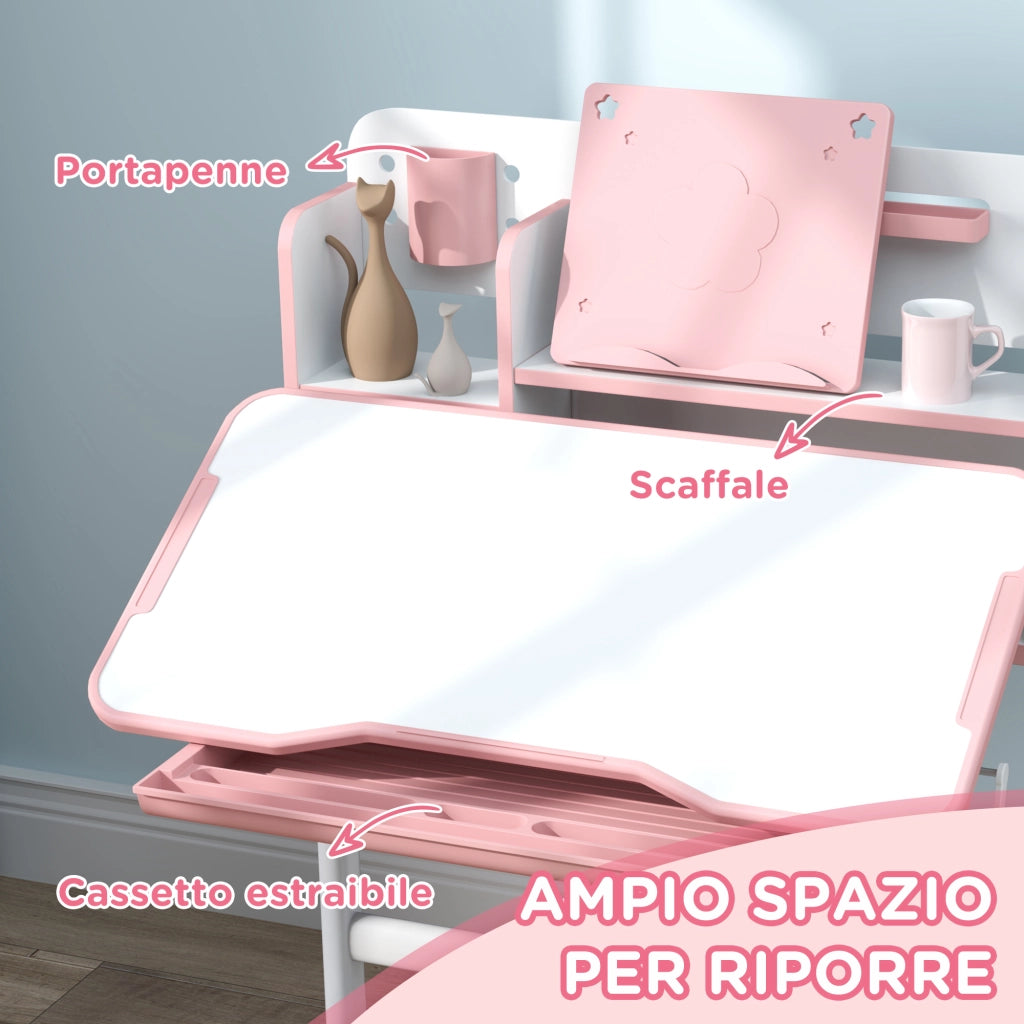 Scrivania Regolabile per Bambini con Sedia, Cassetto e Scaffale ¨C Minimal ¨C Rosa