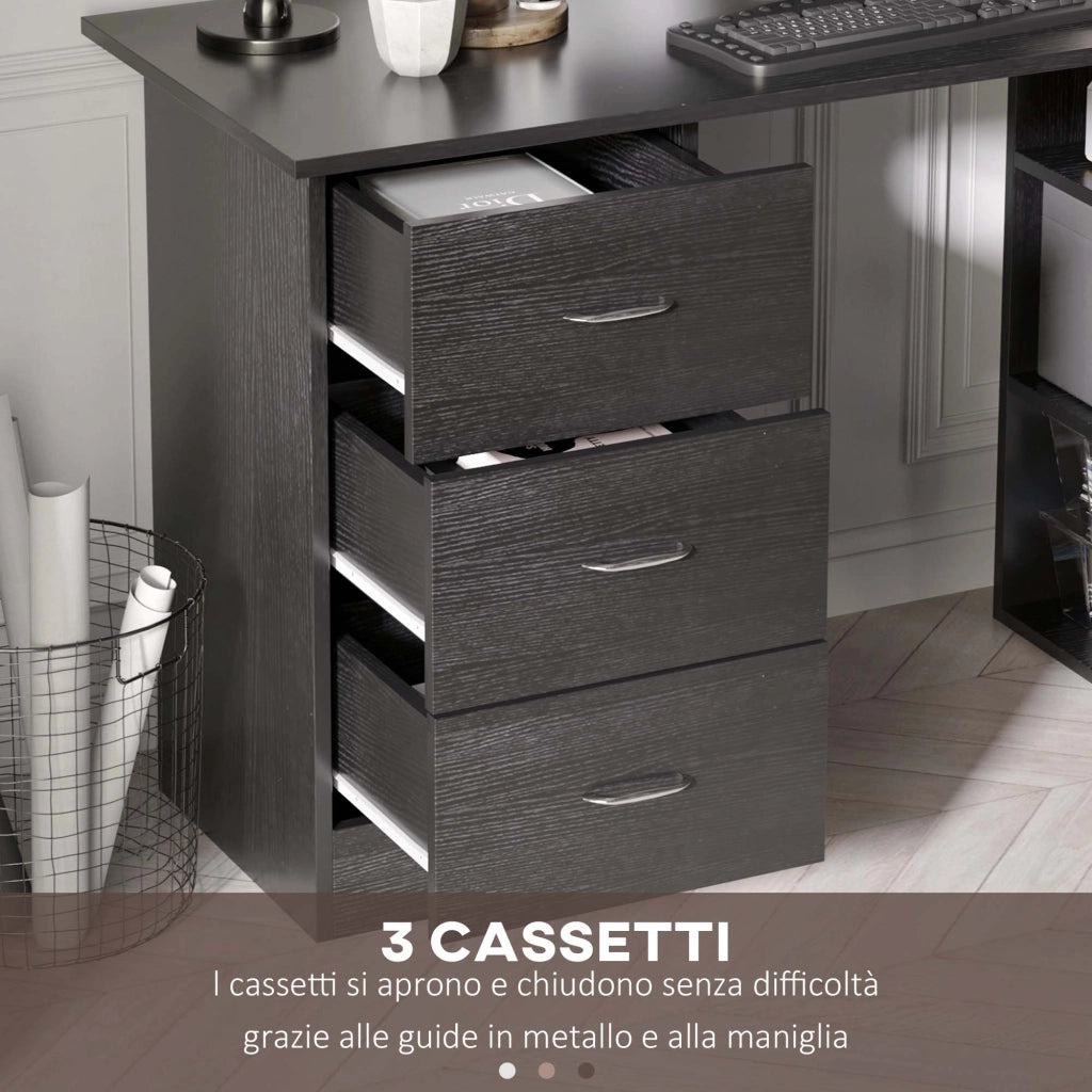 Scrivania PC con 3 Ripiani e 3 Cassetti per Camera e Ufficio. in Legno MDF. 120x49x72 cm. Nera