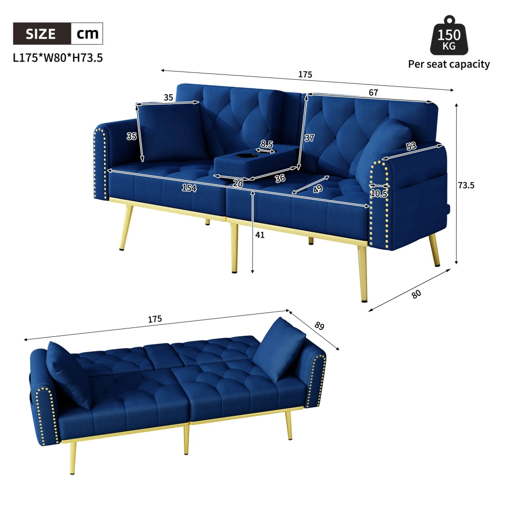 Divano letto convertibile con schienale regolabile, portabicchieri, tasca laterale e cuscini in velluto blu
