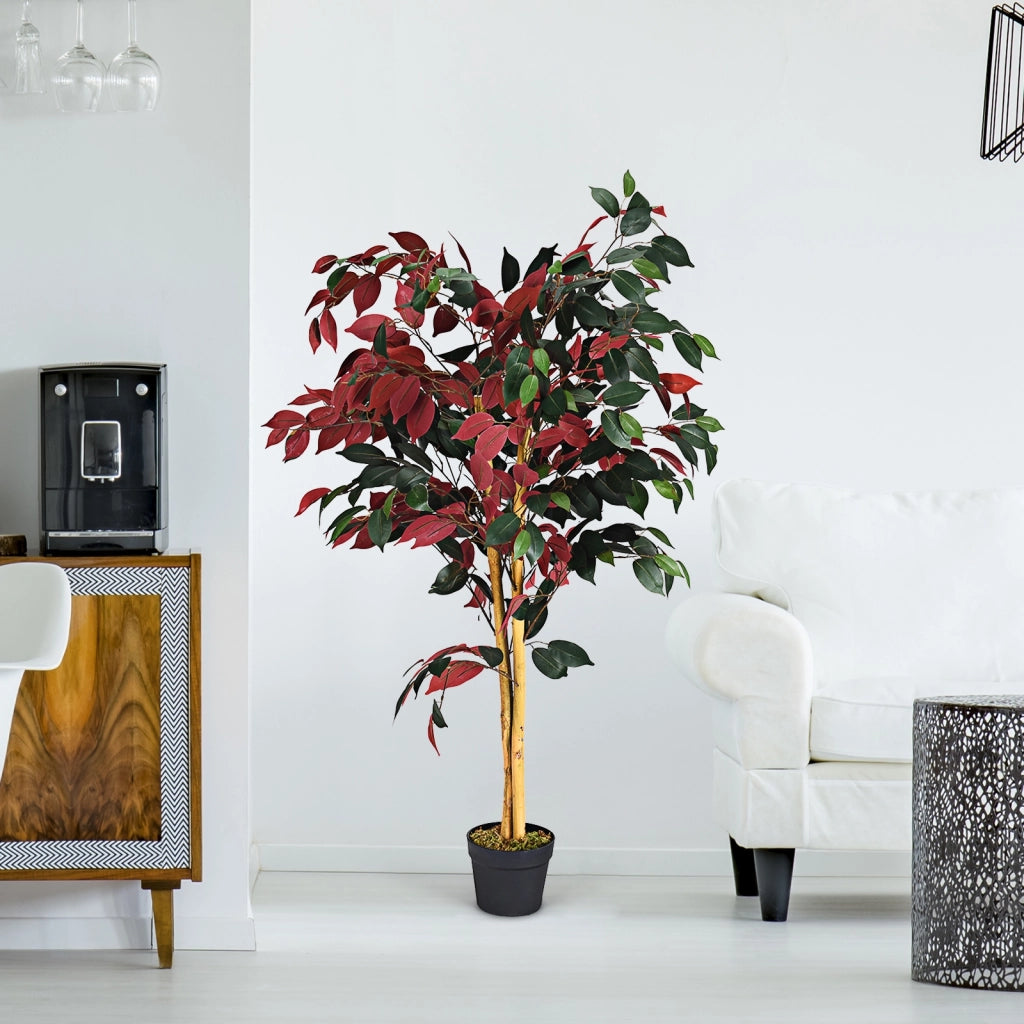 Pianta artificiale realistica e decorativa, Fico finto 120 cm in vaso, Verde e rosso-Piante artificiali