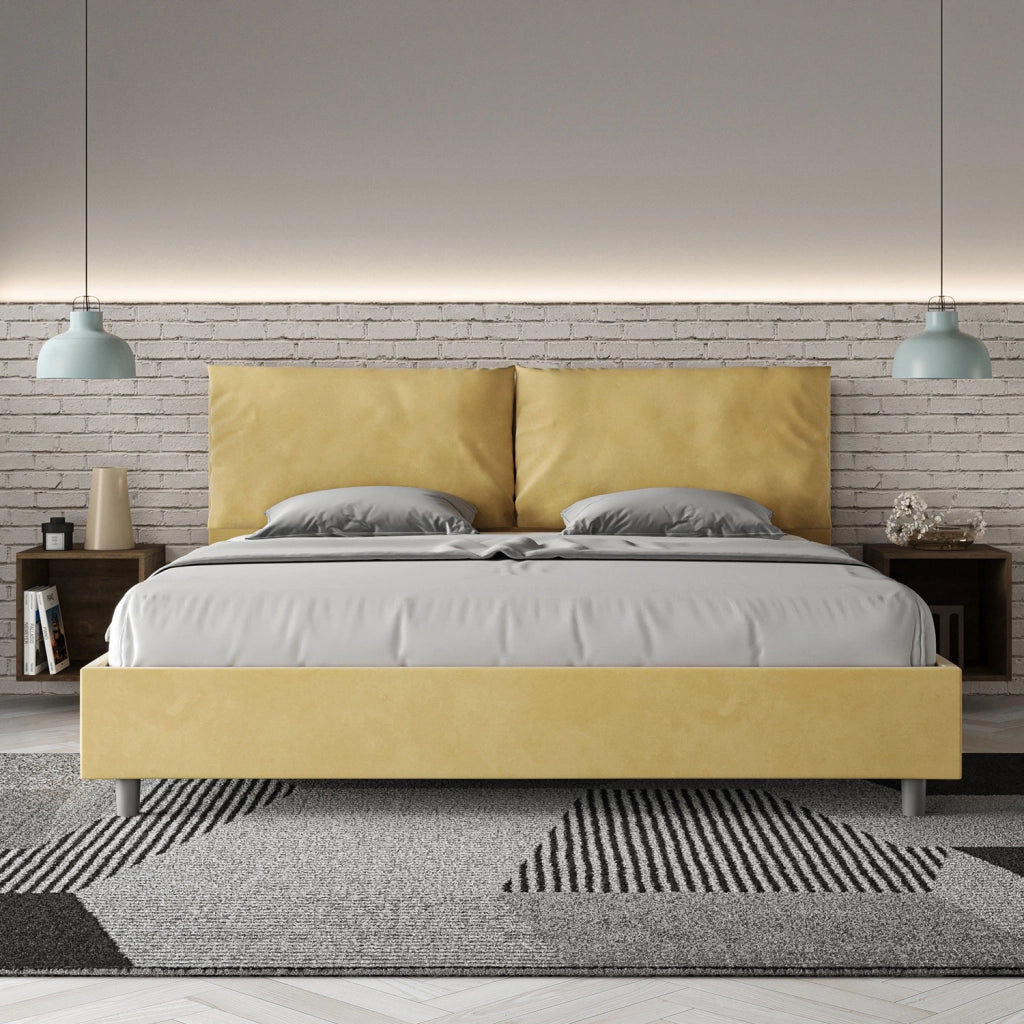 BS COM Letto matrimoniale king size contenitore imbottito 200x210 microfibra ocra