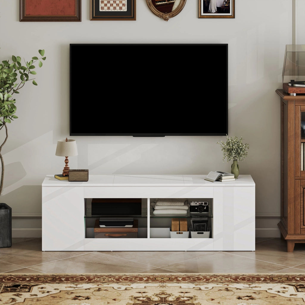 Mobile TV con 6 scomparti e 2 ripiani in vetro ¨C Xylo ¨C Bianco, Truciolato, 140 cm
