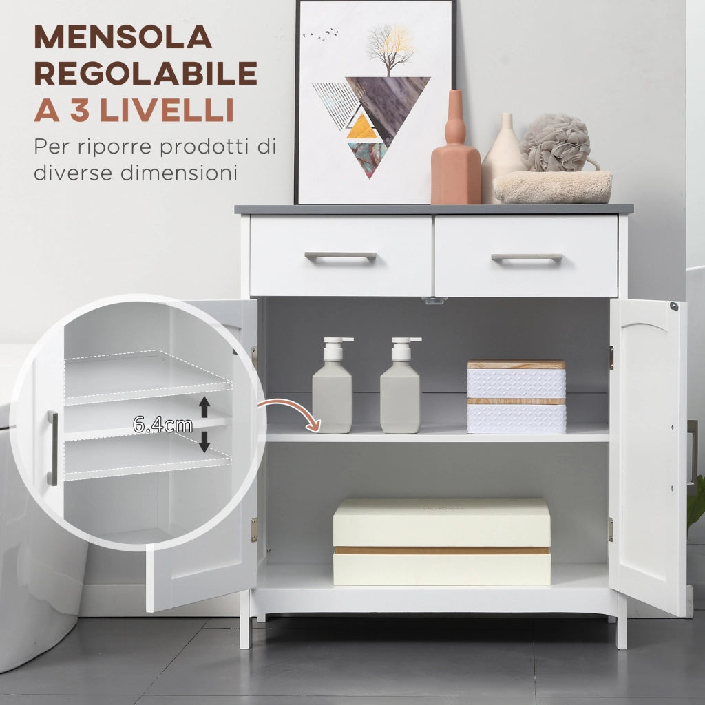 Mobiletto Bagno con 2 Ante, 2 Cassetti e Ripiano Regolabile, in MDF, 68x33x76cm