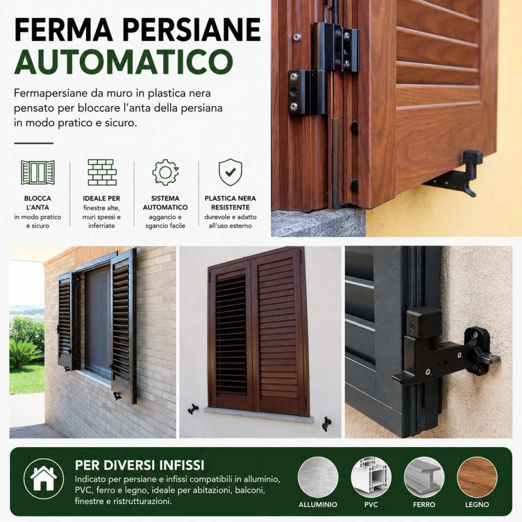 Ferma Persiane Automatico Nero da Muro Vite 6 cm Tassello 5cm