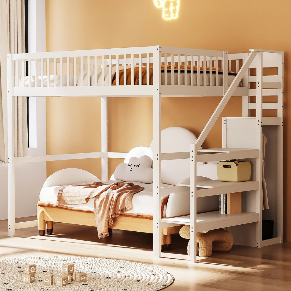 Letto a Soppalco con Scala e Armadio ¨C MINIMAL ¨C Legno Bianco 140x200