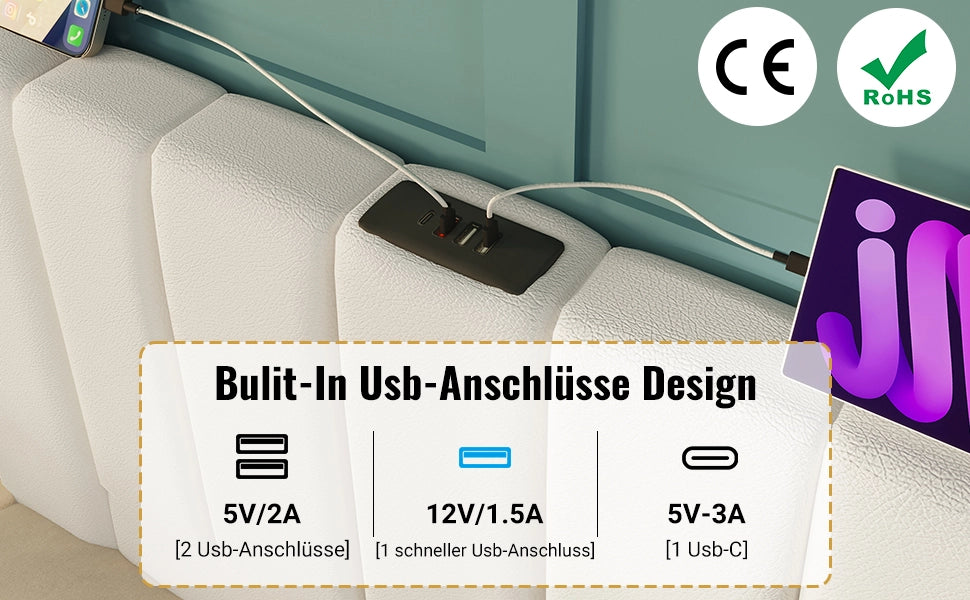Letto Imbottito Contenitore Matrimoniale con LED e USB ¨C MINIMAL ¨C PU Bianco 180x200