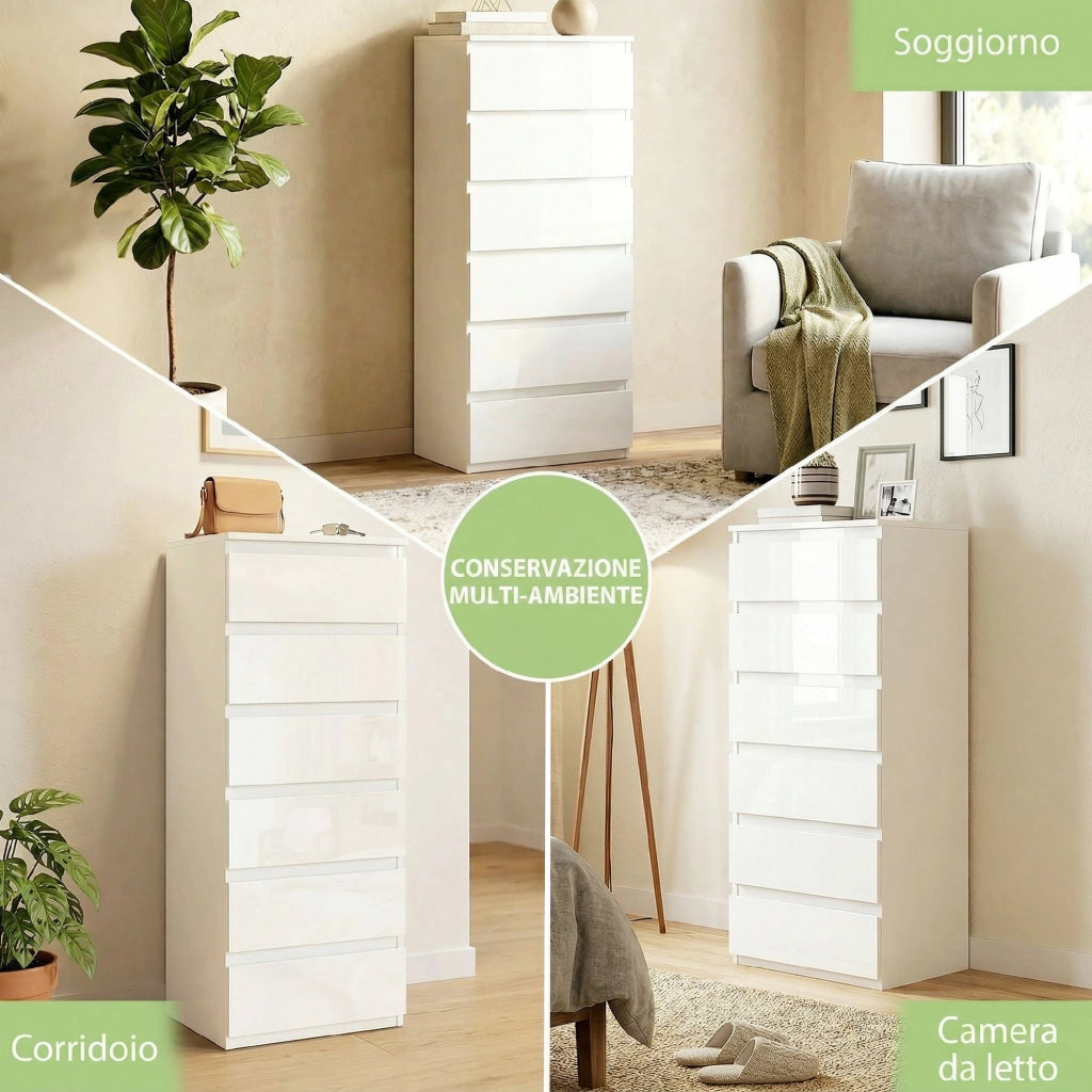 Comodino 6 Cassetti ¨C Minimal ¨C Bianco Lucido