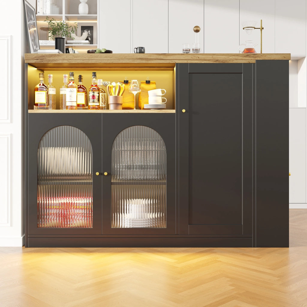Bartisch Girevole 360¡ã con Scrivania, Credenza, LED e Ante in Vetro ¨C Xylo ¨C Nero Opaco, Legno, 198x39.6x97