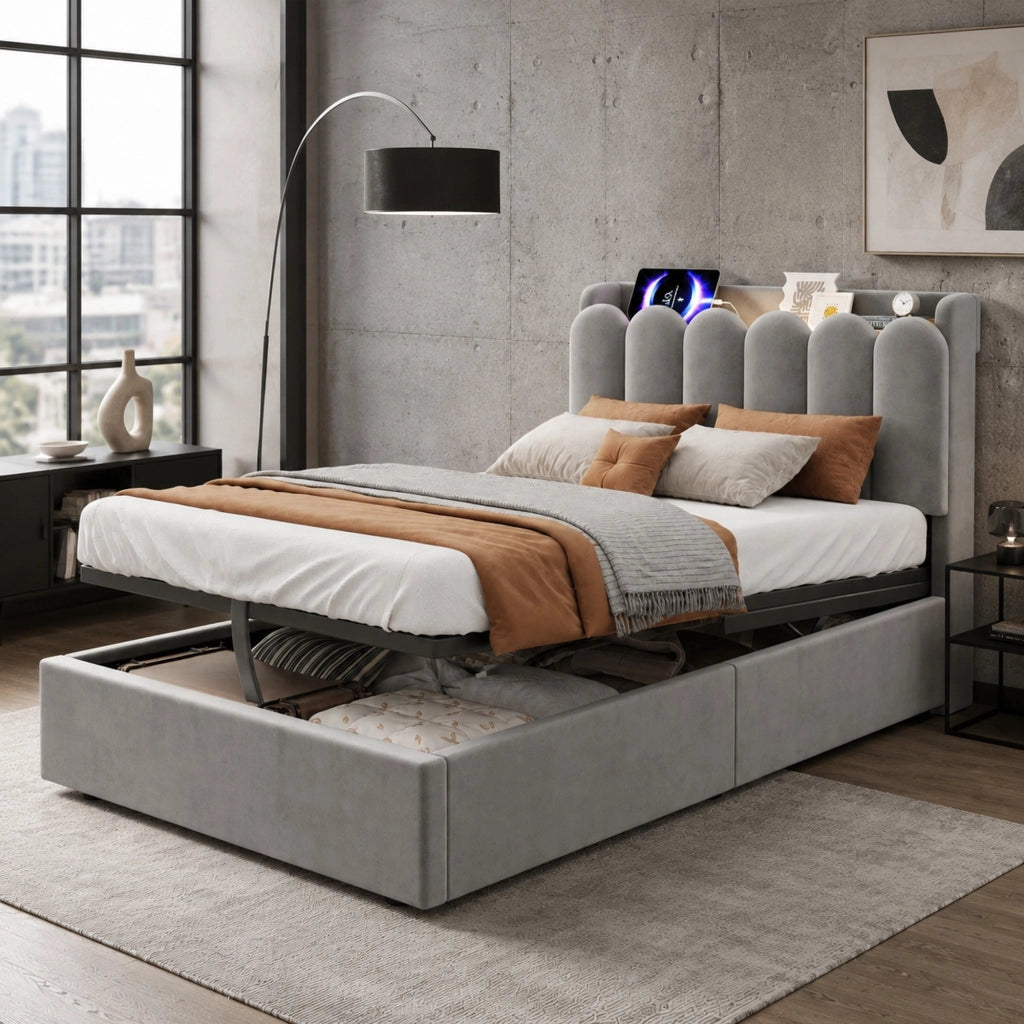 Letto singolo per bambini 90x200 cm in velluto grigio con contenitore; USB; Type-C e luce