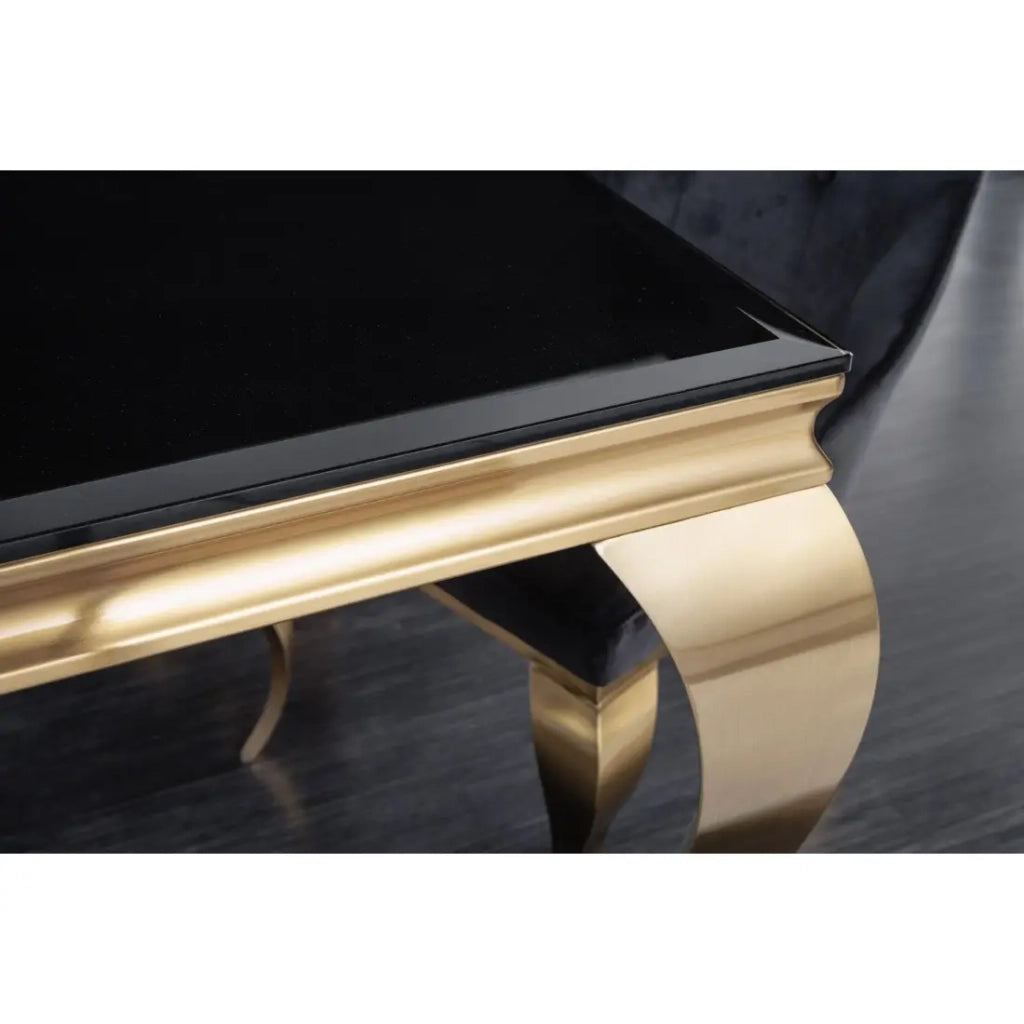 Tavolo da pranzo VELENA 180 cm – Piano in vetro nero e struttura in acciaio dorato – Eleganza barocca e design moderno