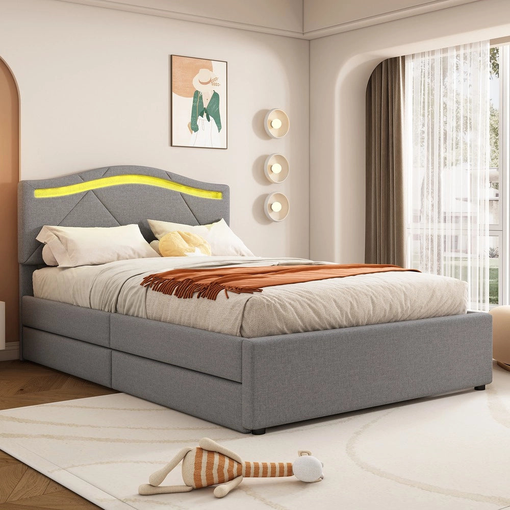 Letto Imbottito con LED e Cassetti ¨C MINIMAL ¨C Testiera Regolabile, Grigio, 90x200