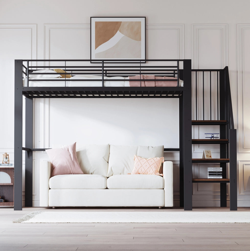 Letto a soppalco 90x200 in metallo con scala e spazio sottostante
