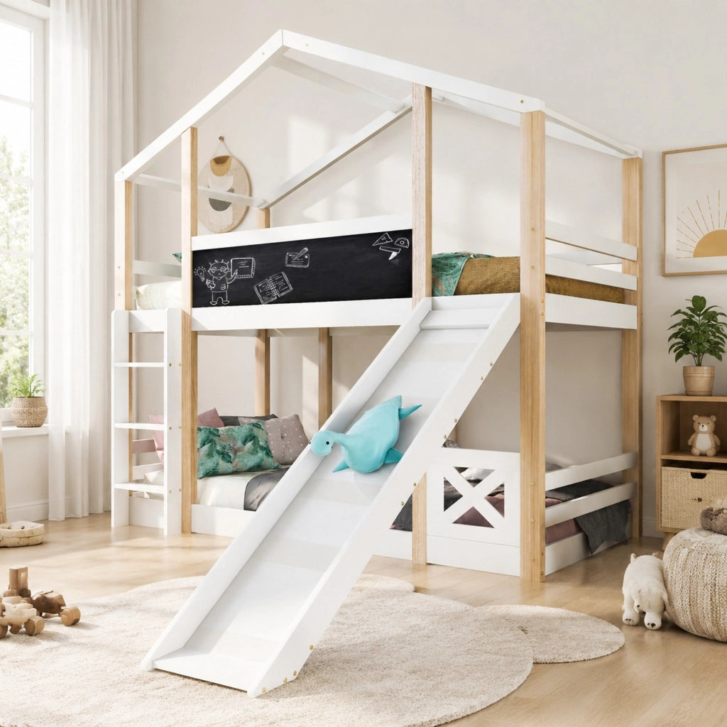 LETTO A SOPPALCO 90x200 cm Legno massello Bianco con scala e scivolo