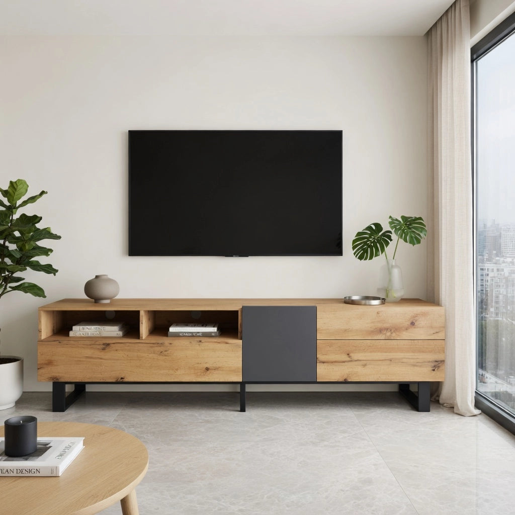 Cassettiera per TV nero e grigio in MDF lunghezza 180 cm